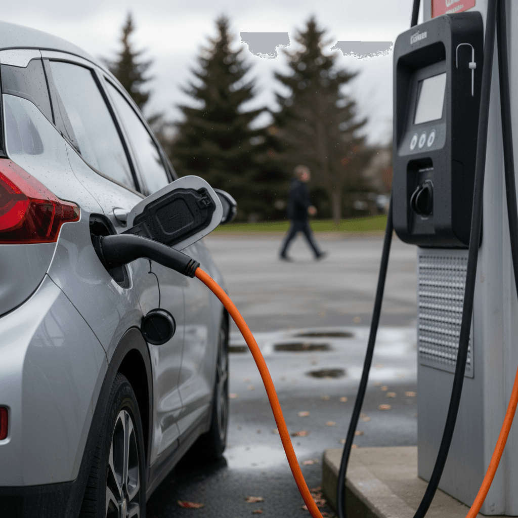 2019 Chevy Bolt EV charging at a public DC fast charger in a parking lot