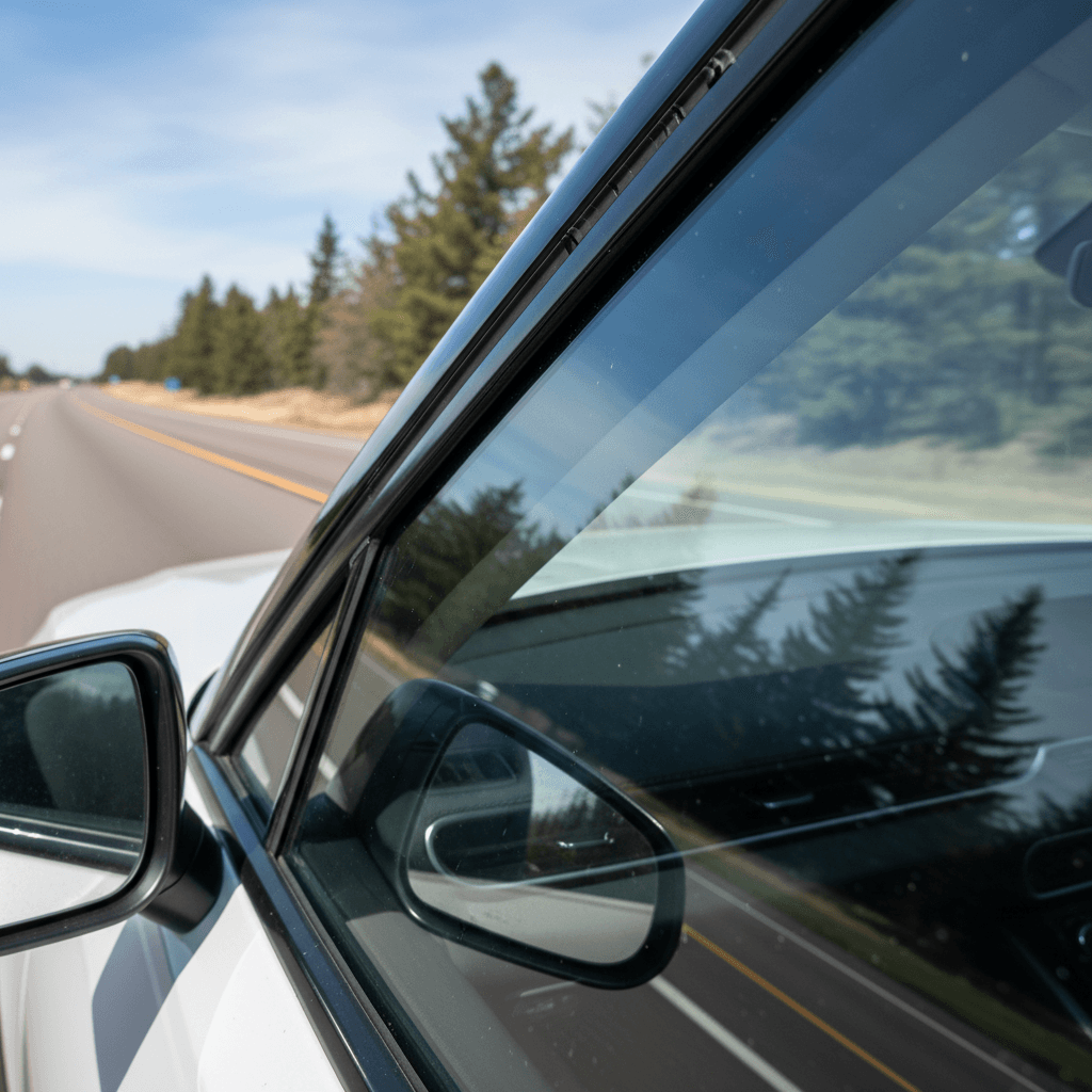 Close-up of Rivian R1S front door glass and weather seals, where many owners report wind noise.