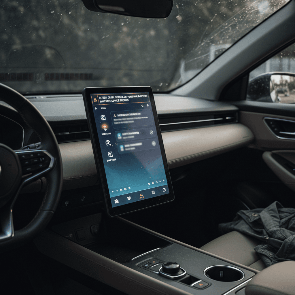 Interior of a 2023 Fisker Ocean showing its central touchscreen with multiple alerts and warning icons visible
