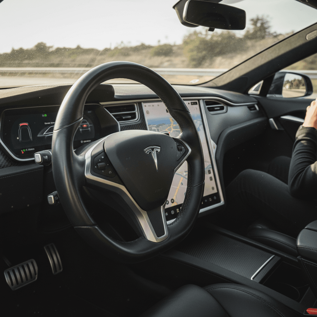 Interior of a 2023 Tesla Model S showing steering wheel and large center touchscreen