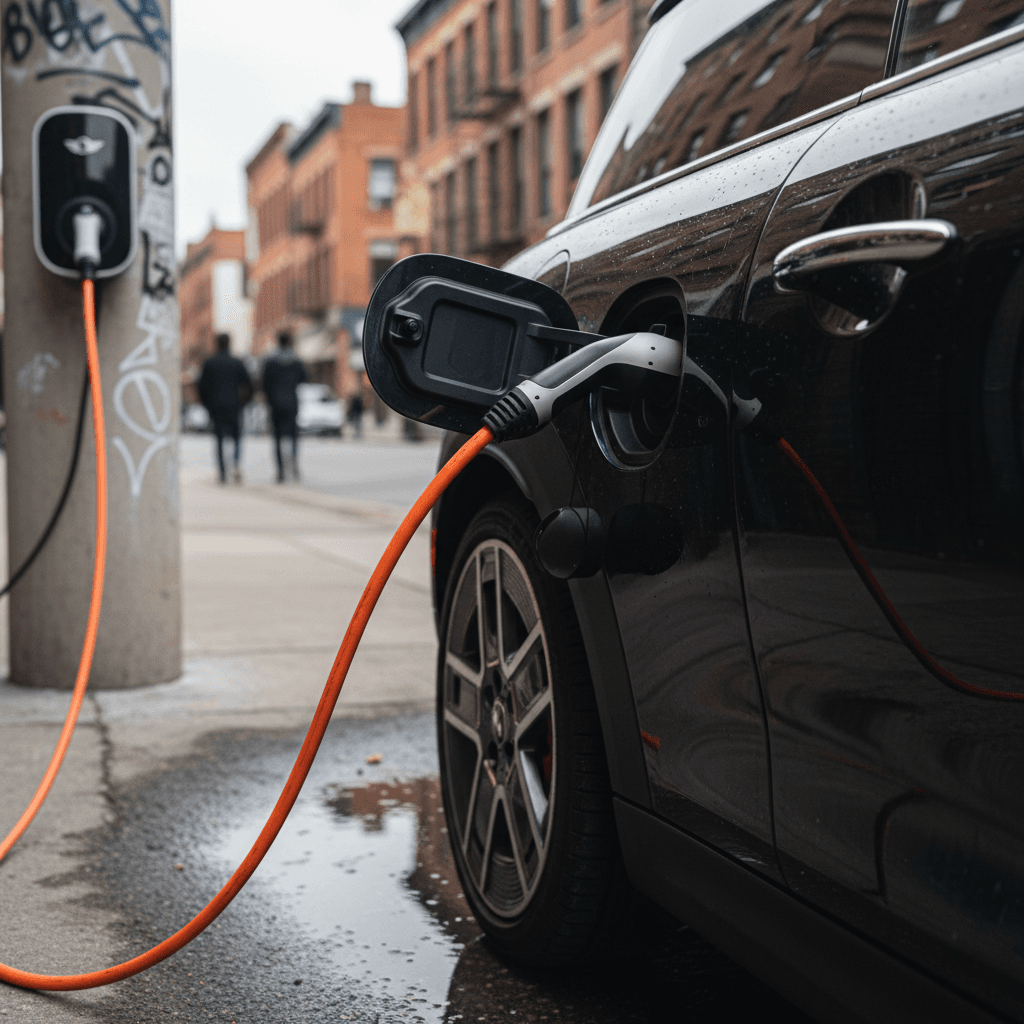 Close-up of a 2025 Mini Cooper Electric connected to a public charging station in a city