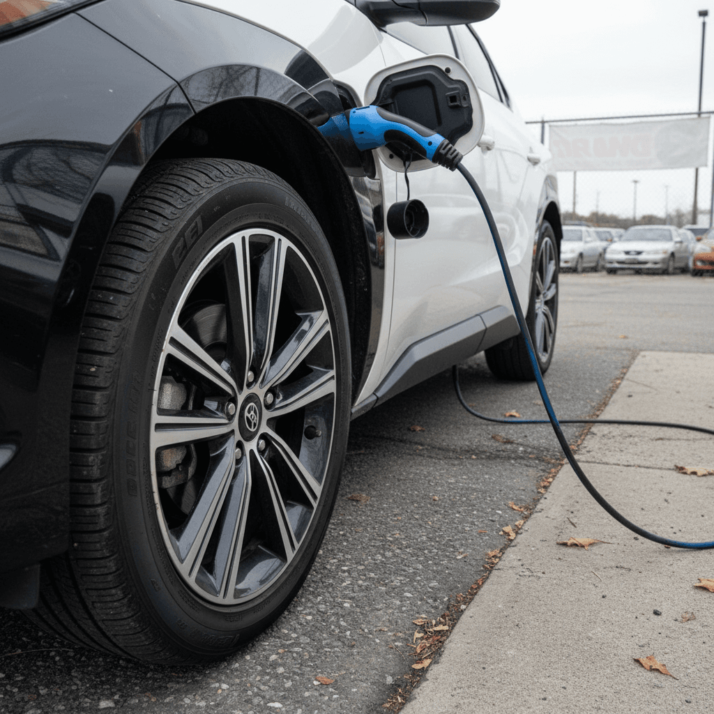 Sales advisor inspecting a used Toyota bZ4X during a trade-in appraisal