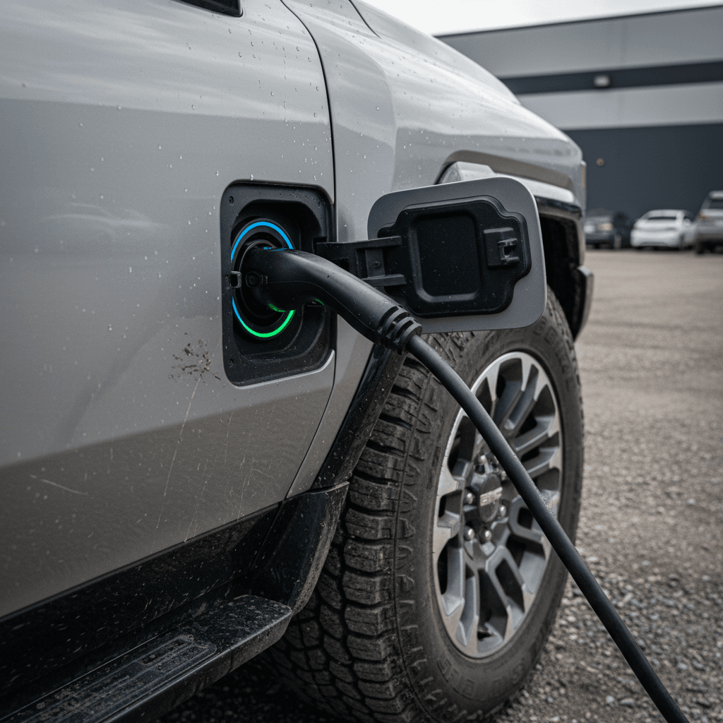 2022 GMC Hummer EV front wheel and charging port close up in driveway