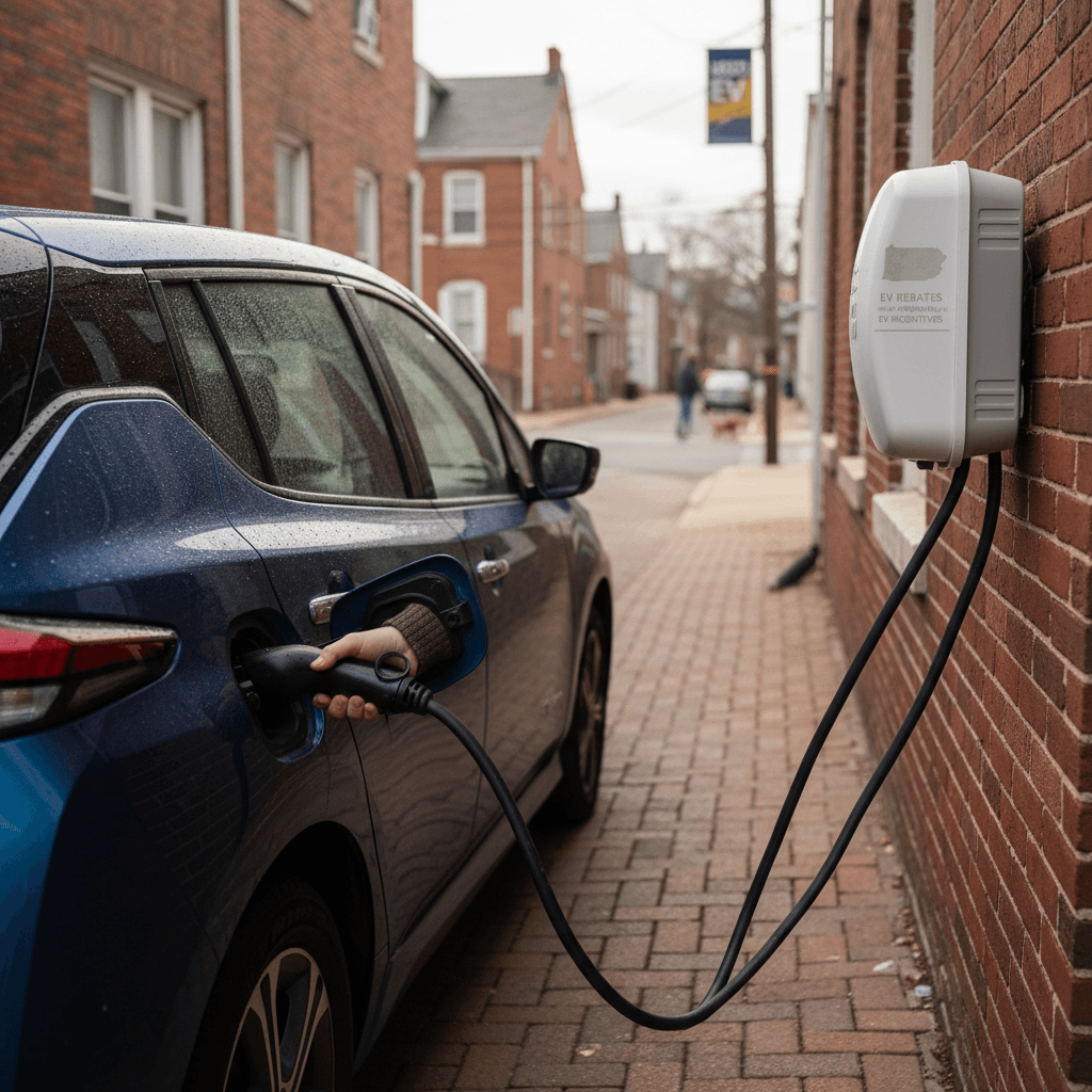 Driver plugging an electric car into a home charger beside a brick rowhouse in Allentown, Pennsylvania