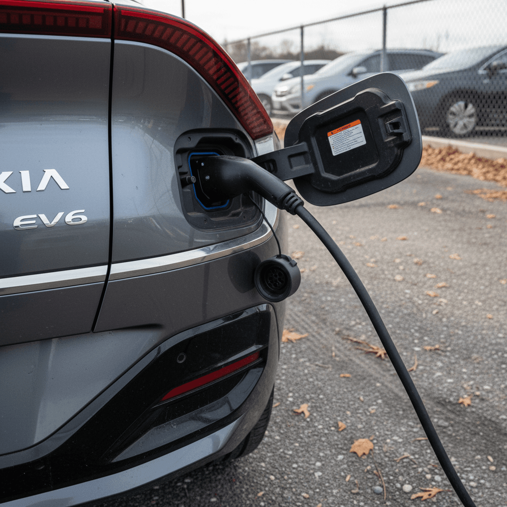Kia EV6 rear badge and charging port being inspected at a dealership before trade in