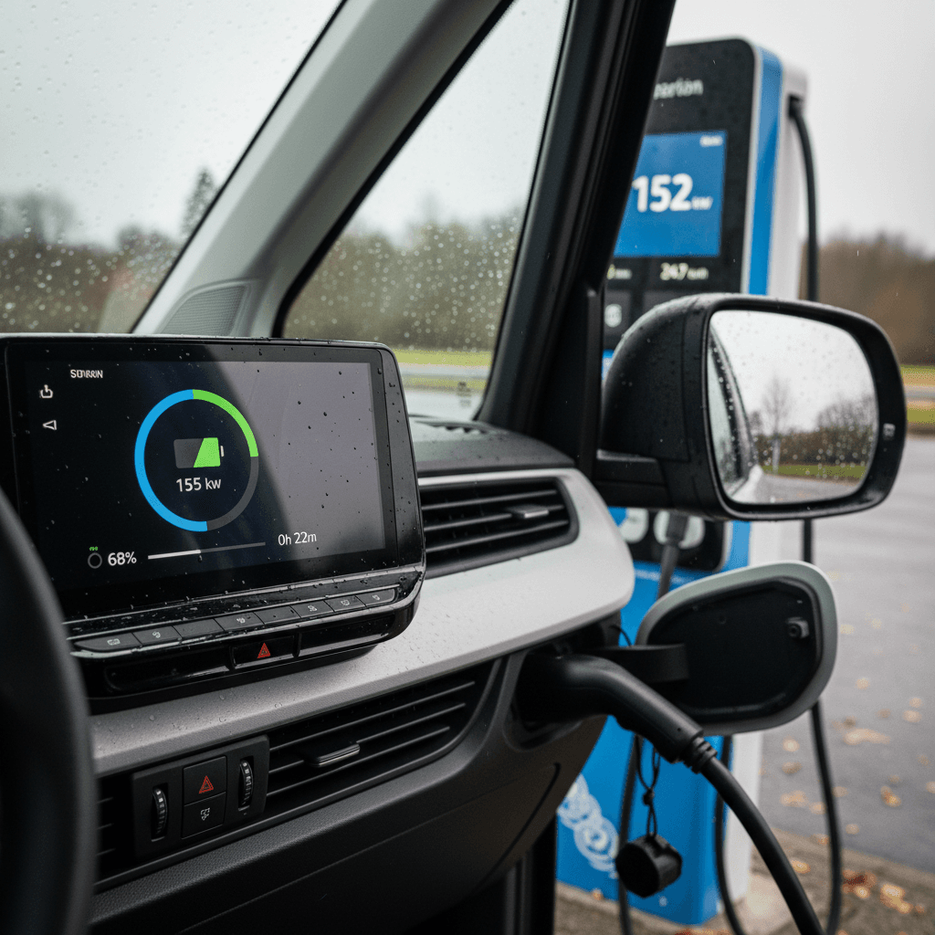 VW ID Buzz fast charging with on-screen display showing charging power and time remaining