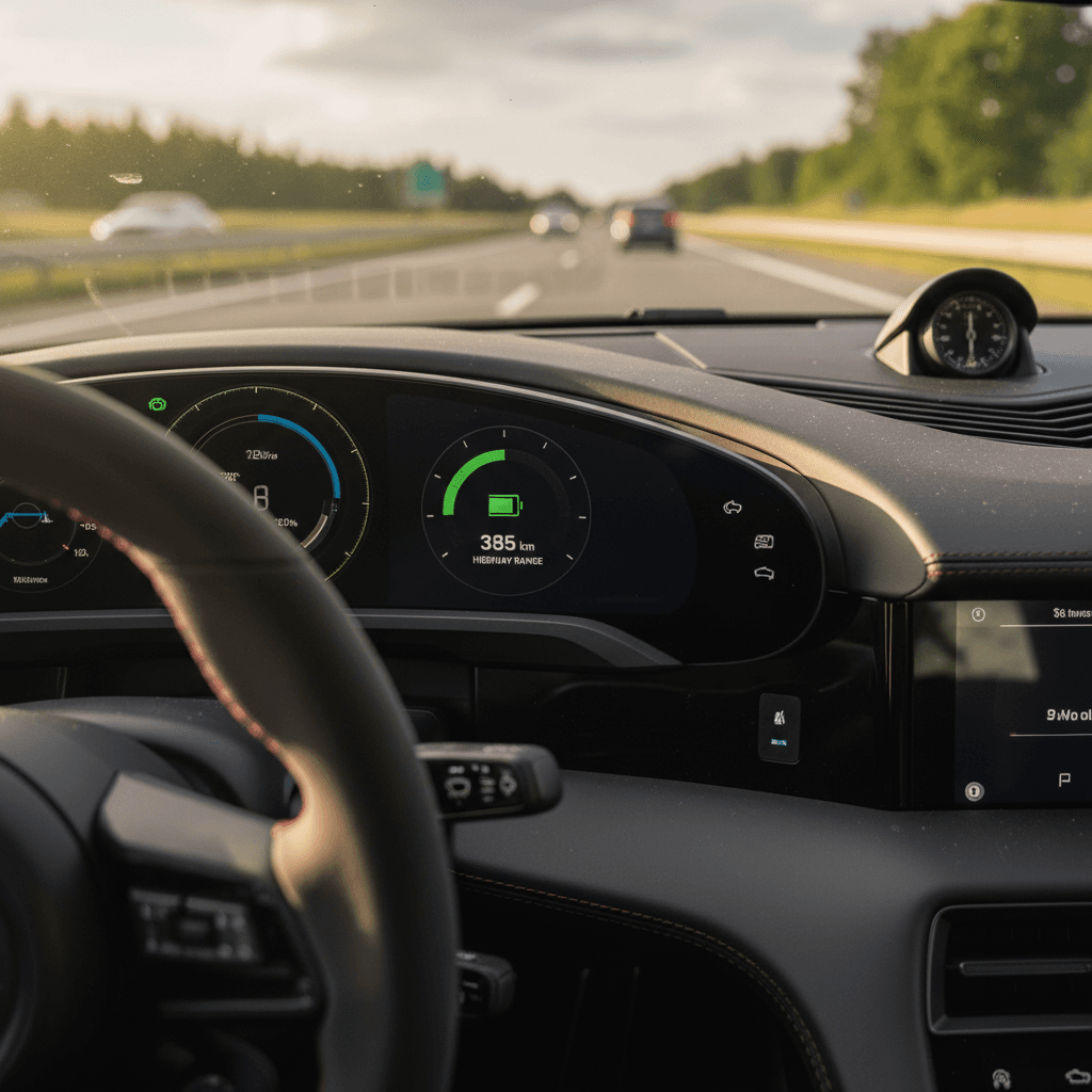 Porsche Taycan digital instrument cluster showing state of charge and remaining highway range estimate