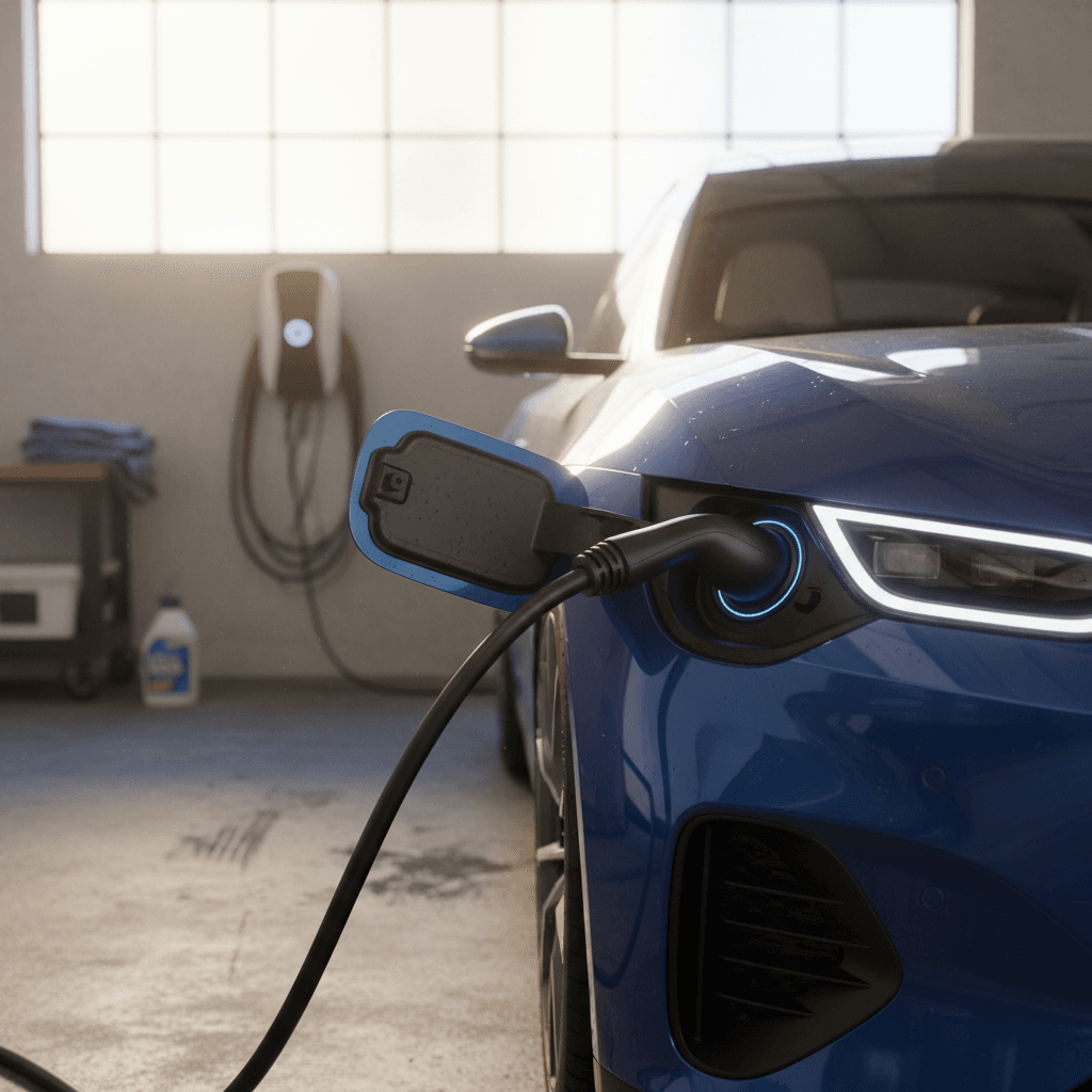Family‑size electric SUV plugged into a home charging station in a driveway