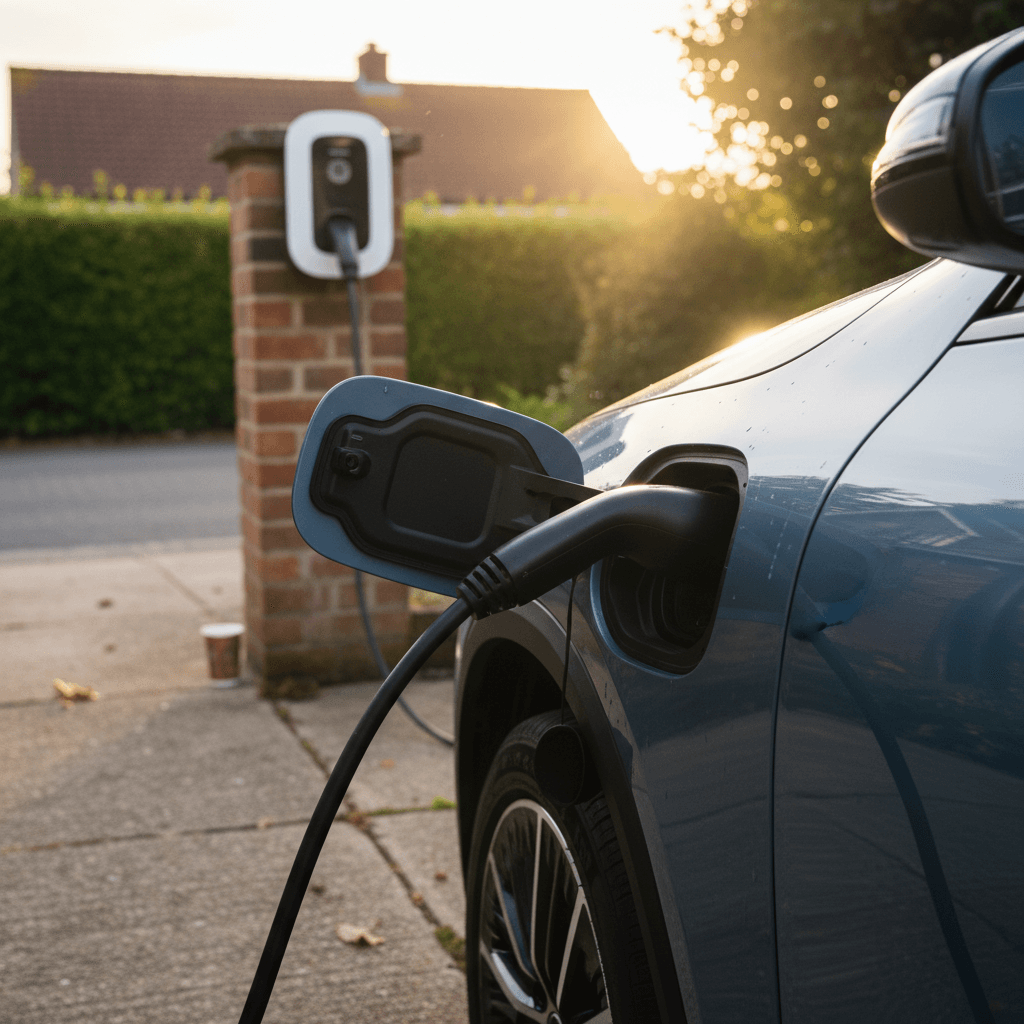 Mercedes EQB charging at a home driveway wallbox, showing charging port and cable