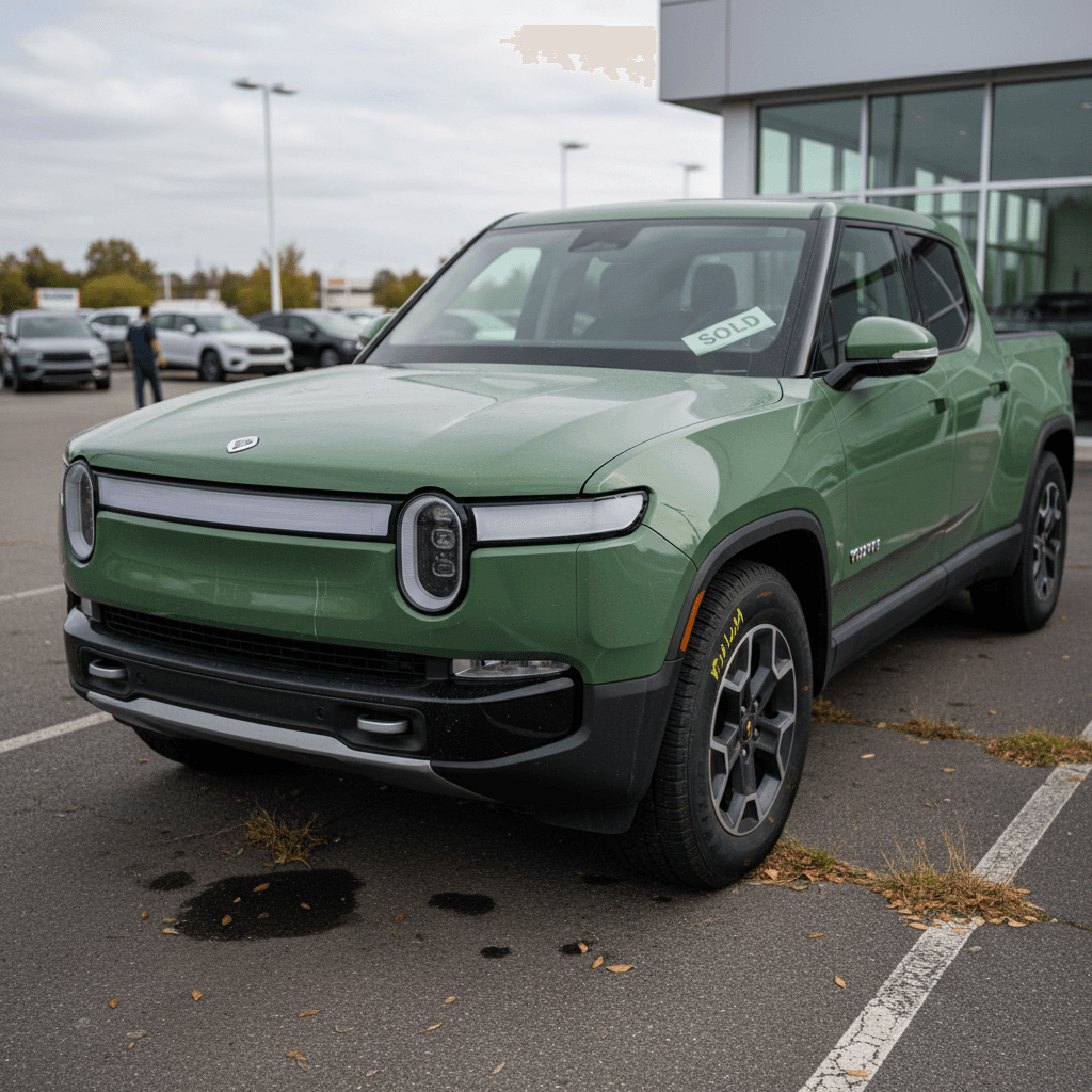 Row of used 2025 Rivian R1T electric pickups parked at a dealership, highlighting differences in condition and equipment