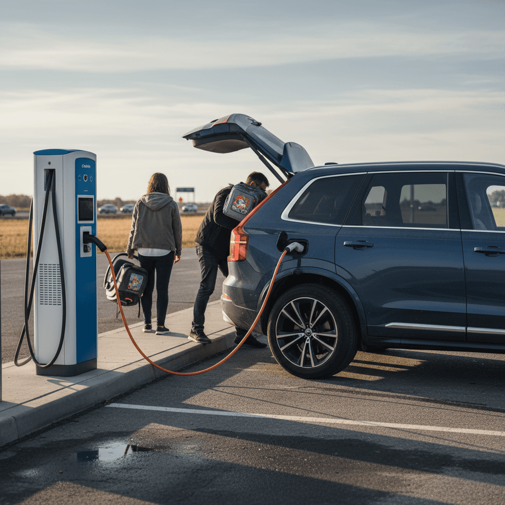 Family Volvo EX90 plugged into a high-power DC fast charger at a highway rest stop while passengers stretch their legs