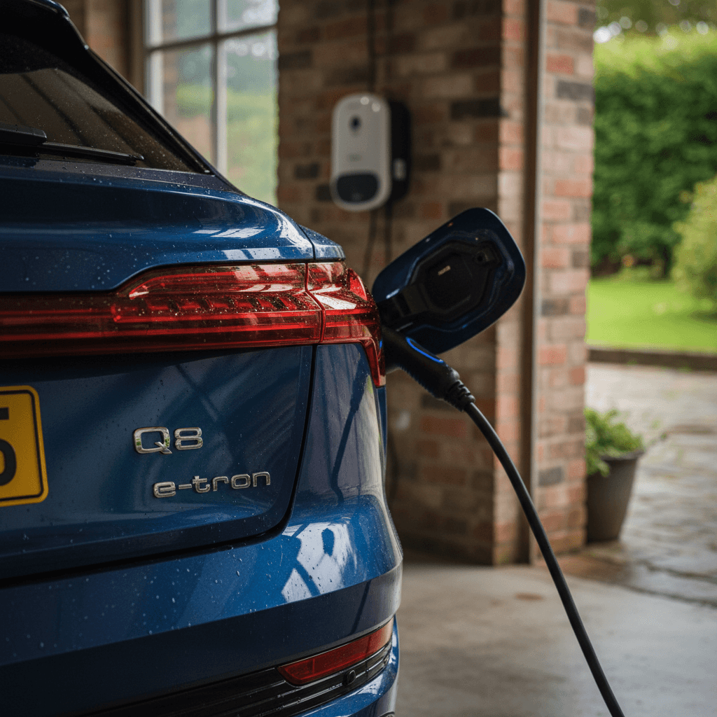 Audi Q8 e-tron badging and charge port while plugged into a home Level 2 charger