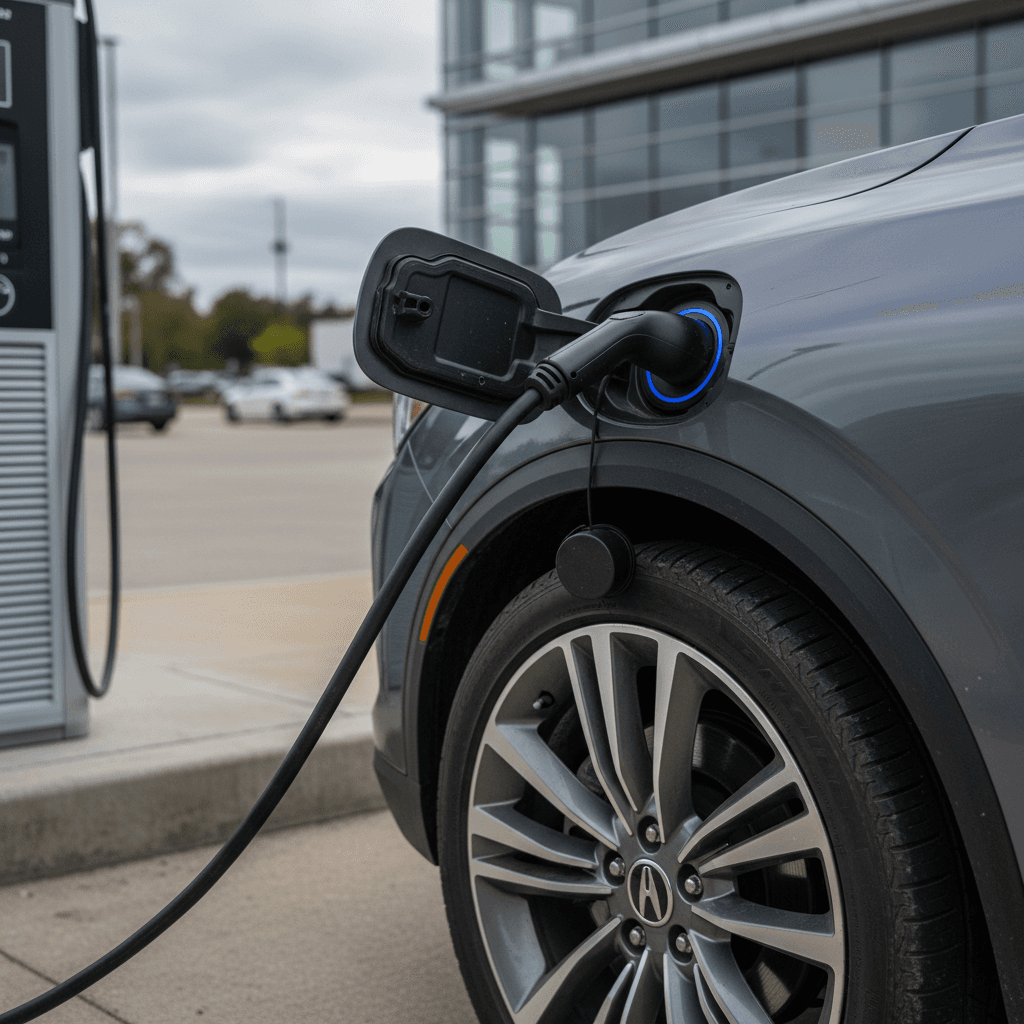 Acura ZDX plugged into a DC fast charger, close view of charge port and wheel