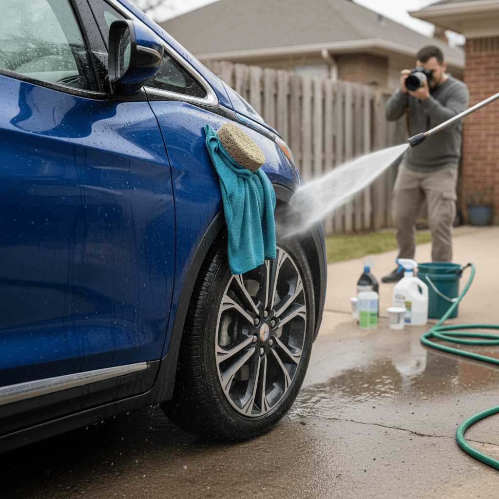 Owner checking battery health and range estimate on a Chevy Bolt EV dashboard before listing the car for sale
