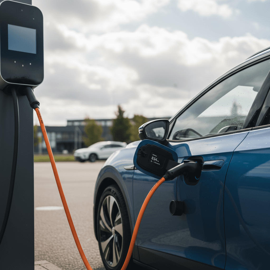 2021 Volkswagen ID.4 plugged into a DC fast charger with its range estimate shown on the instrument cluster