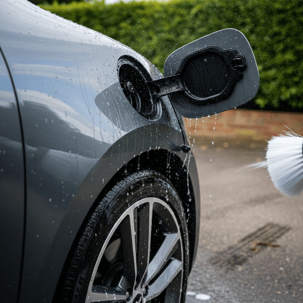 Person gently washing the wheel and charge port area of an electric car with a microfiber mitt