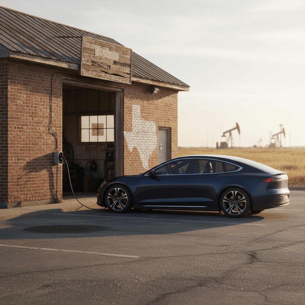 Texas vehicle inspection and emissions testing station with an electric car parked outside, highlighting EV exemption from emissions tests