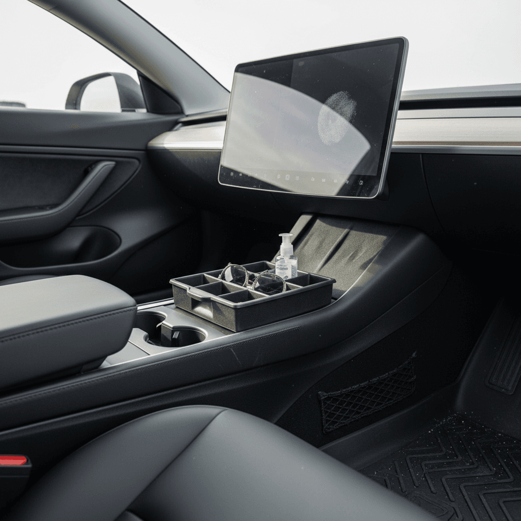 Tesla Model 3 interior showing all-weather floor mats, console organizer, and large touchscreen with a matte screen protector