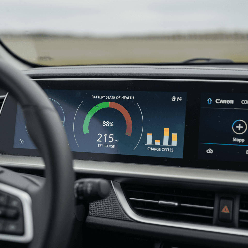 Digital EV dashboard showing battery health percentage and estimated range remaining