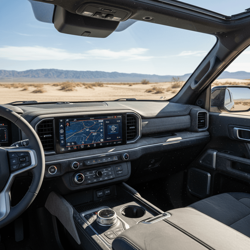 GMC Hummer EV interior with digital displays and open Infinity Roof panels in an off-road setting