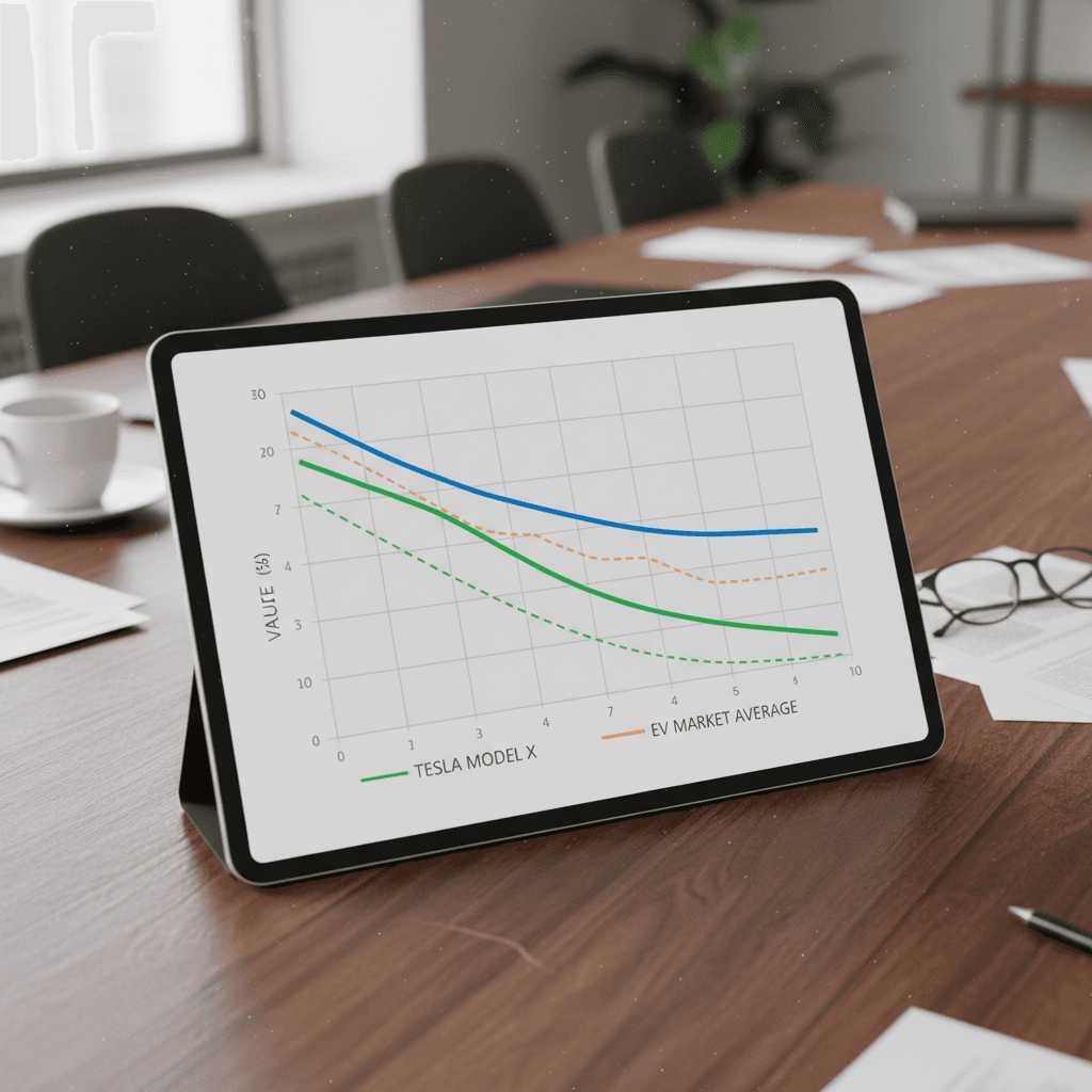 Line chart showing Tesla Model X depreciation curve compared with a typical luxury SUV and overall EV market average