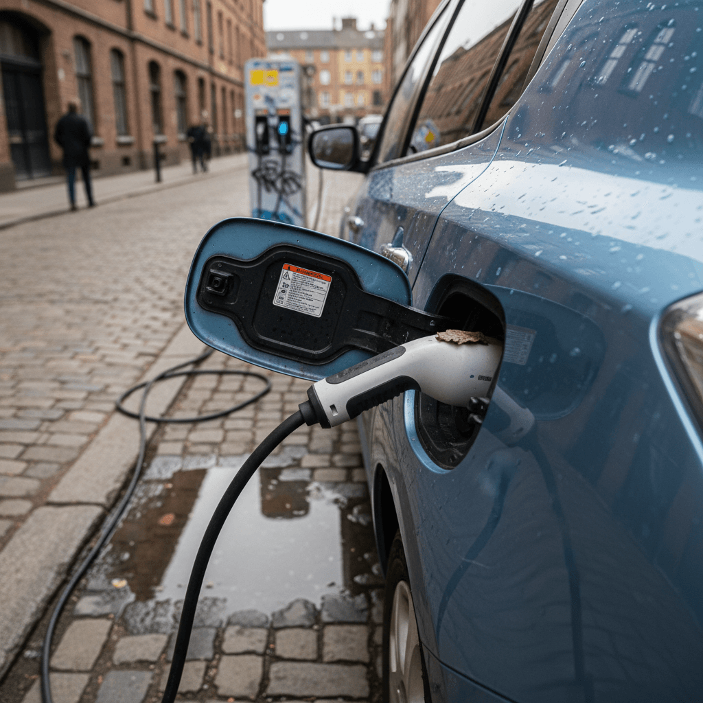 Customer handing keys to a dealer while an electric SUV sits plugged into a charger in a bright showroom