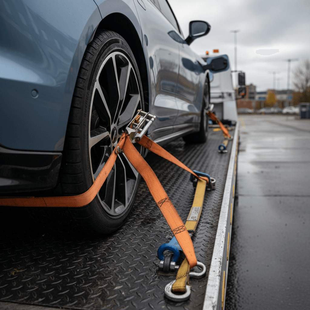 Electric vehicle secured on a flatbed tow truck with all four wheels off the ground