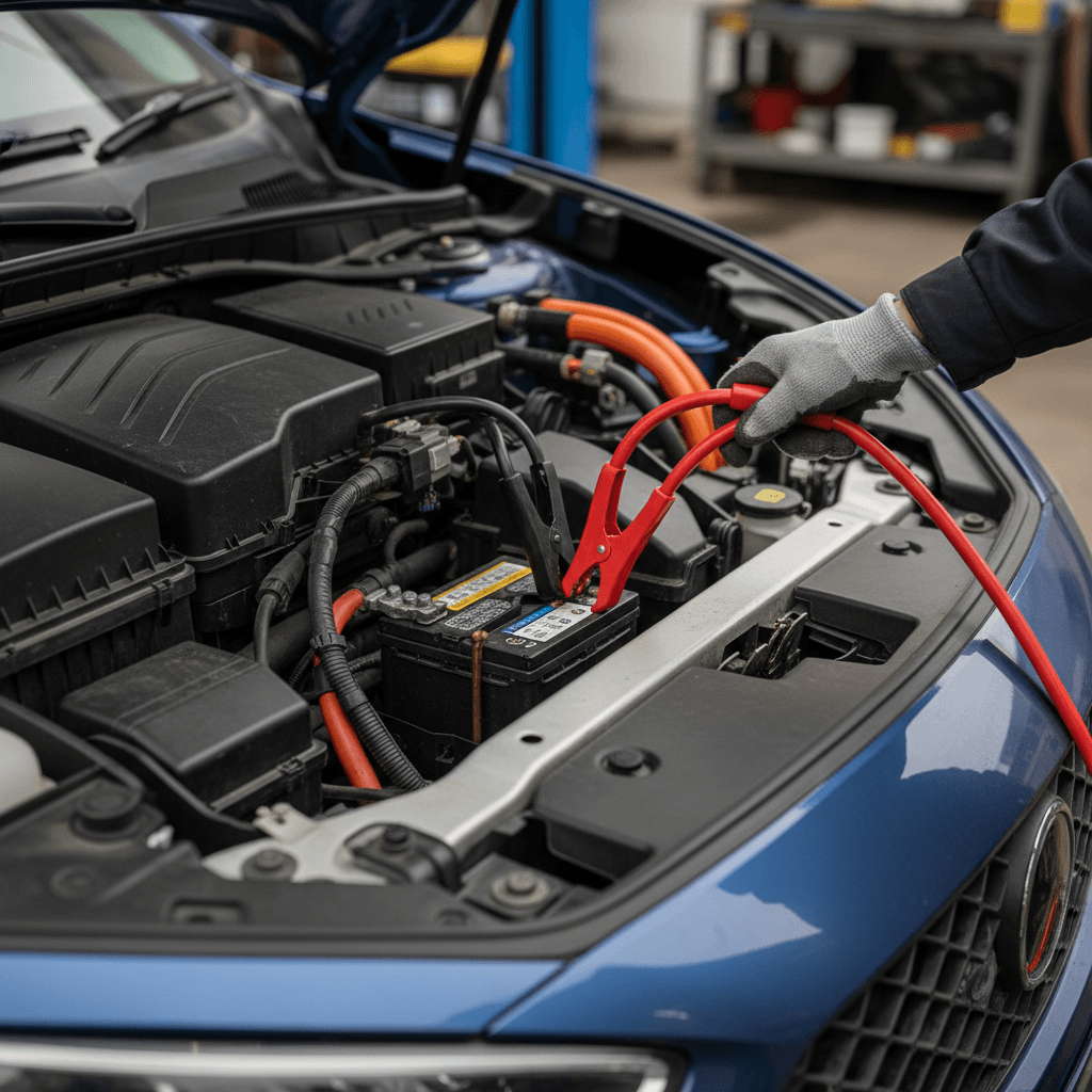Technician safely attaching jumper cables to the 12-volt battery terminals of an electric car under the hood