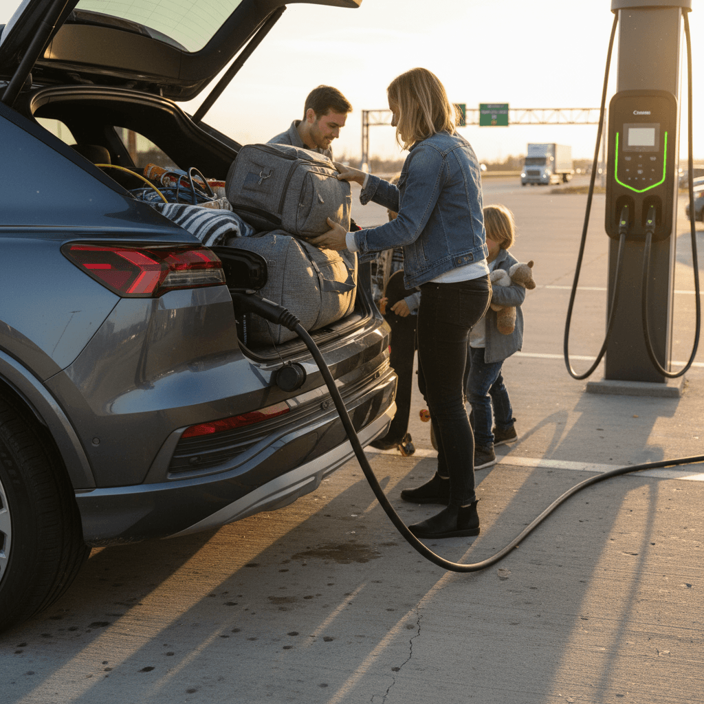 Audi Q4 e-tron parked at a highway DC fast-charging station while a family loads luggage for a road trip
