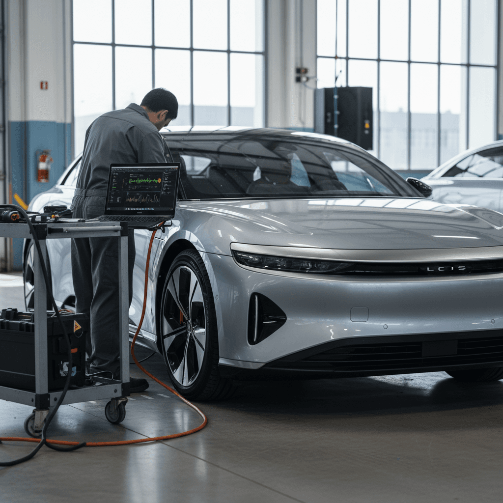 Technician connecting diagnostic equipment to a Lucid Air inside an EV service bay