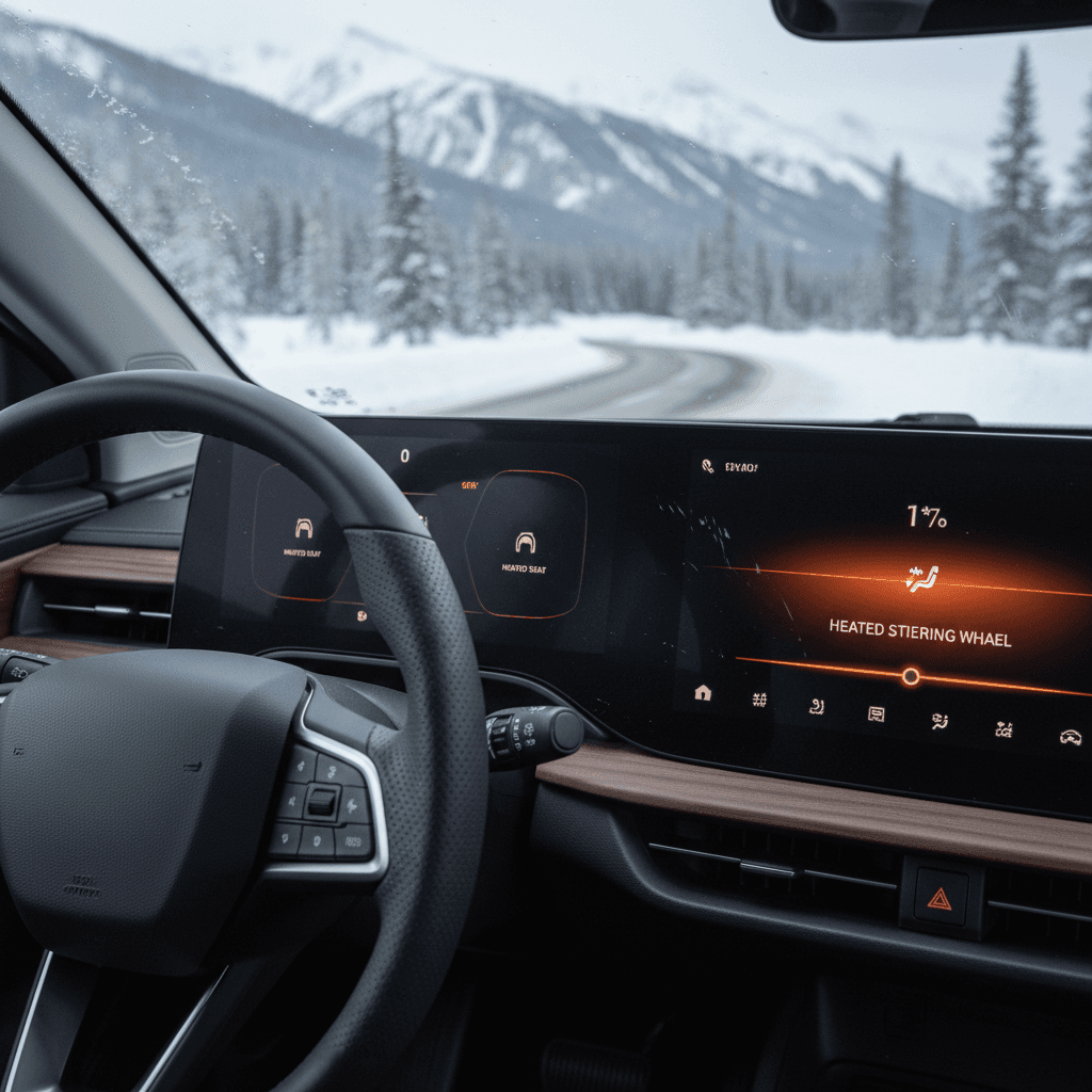 EV interior climate control screen showing heated seat icons enabled and cabin temperature set lower on a snowy day