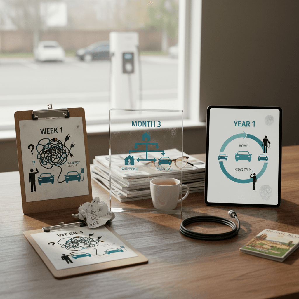 Timeline illustration showing a new EV owner getting familiar with charging, range, and battery health over the first year