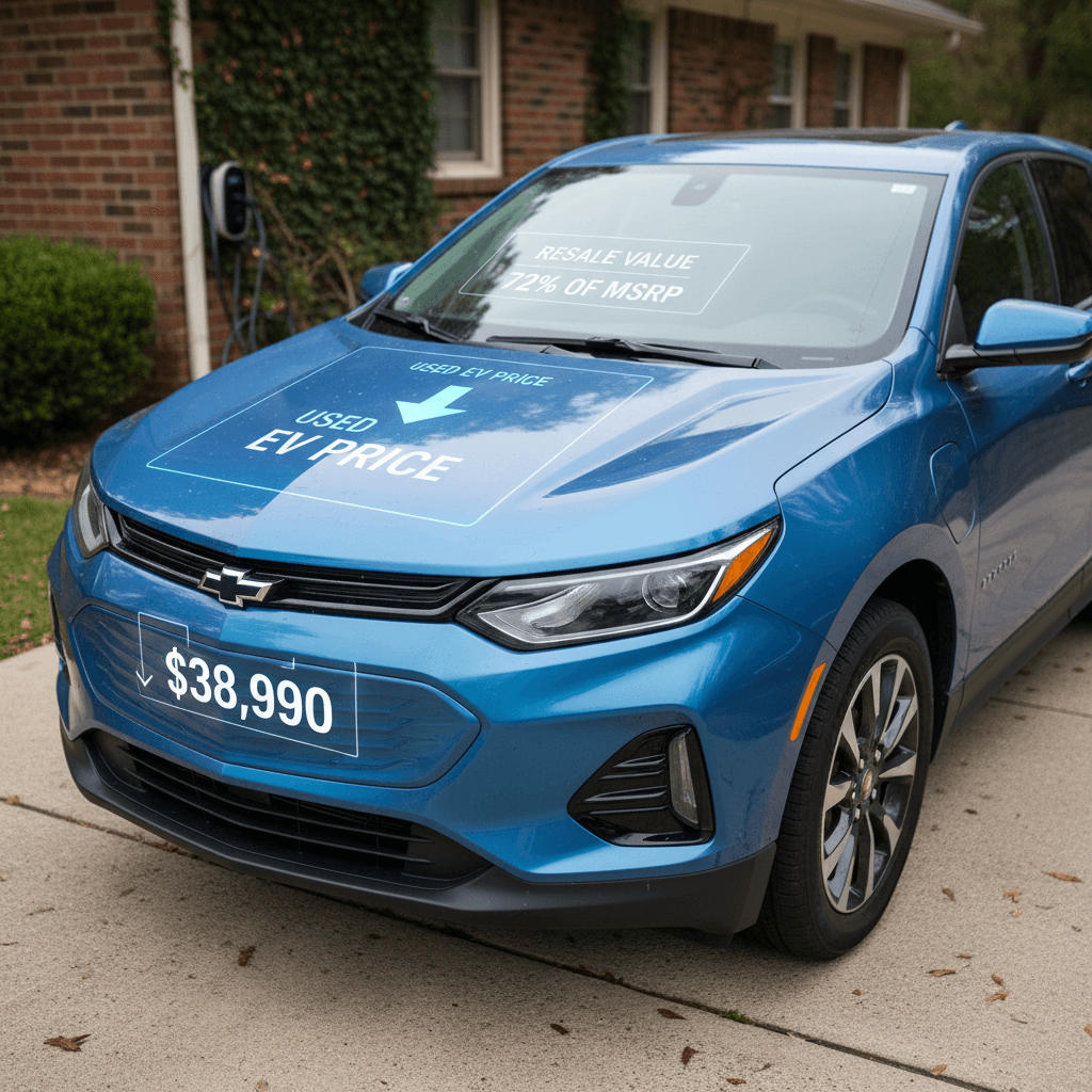 Used Nissan Leaf plugged into a Level 2 charger with focus on charge port and front wheel