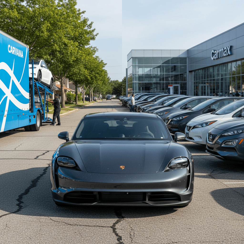 Side by side comparison of a Carvana truck picking up an EV at a home and a CarMax store with an EV parked out front
