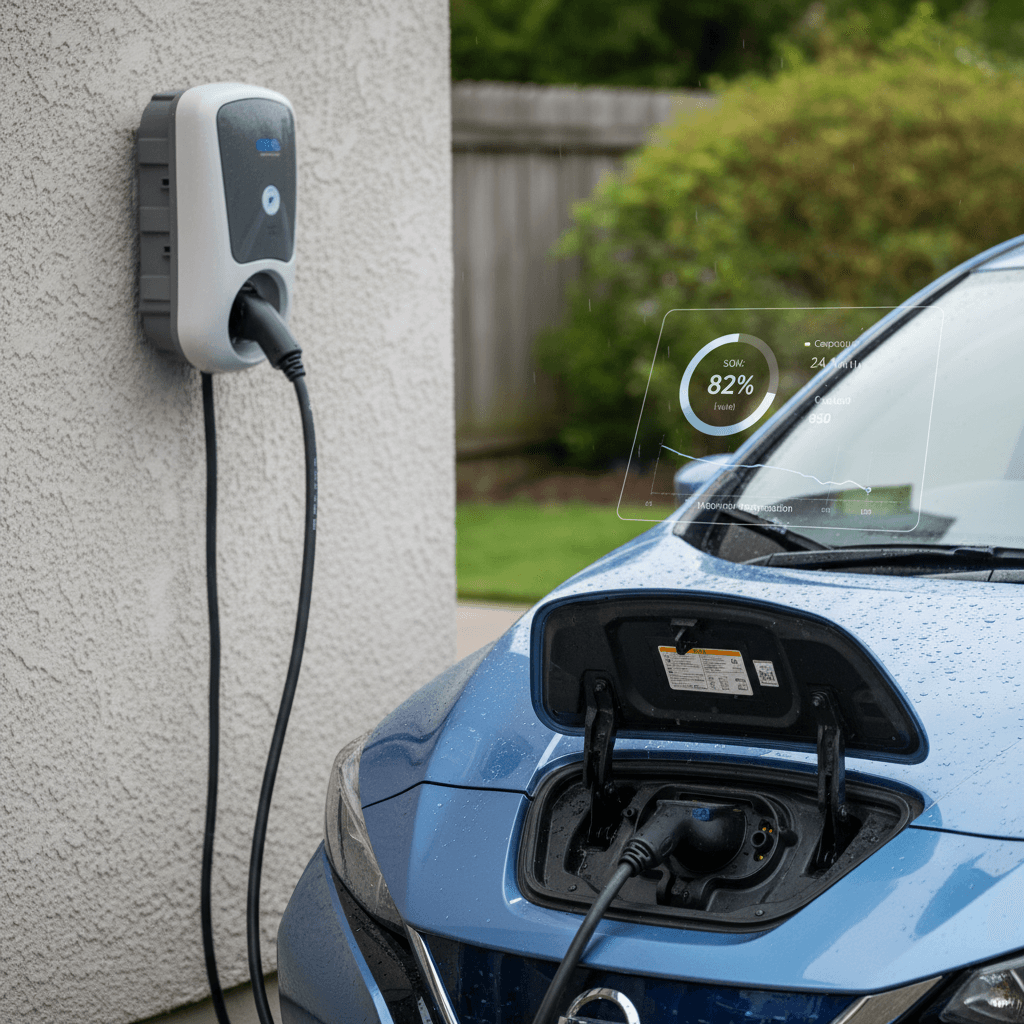 Nissan Leaf charging at a home Level 2 station with a digital battery health report displayed on a tablet