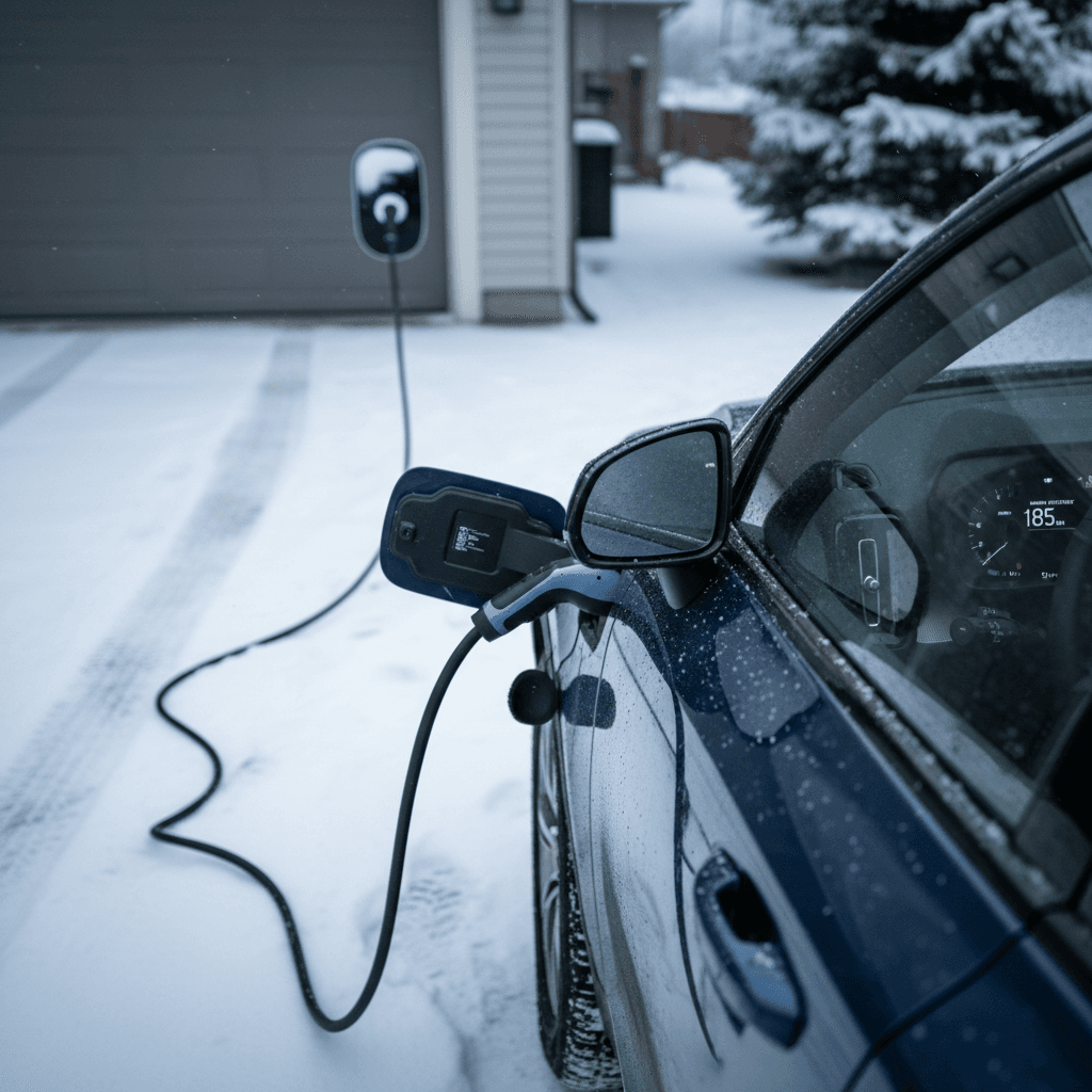 Honda Prologue plugged into a DC fast charger in a snowy parking lot