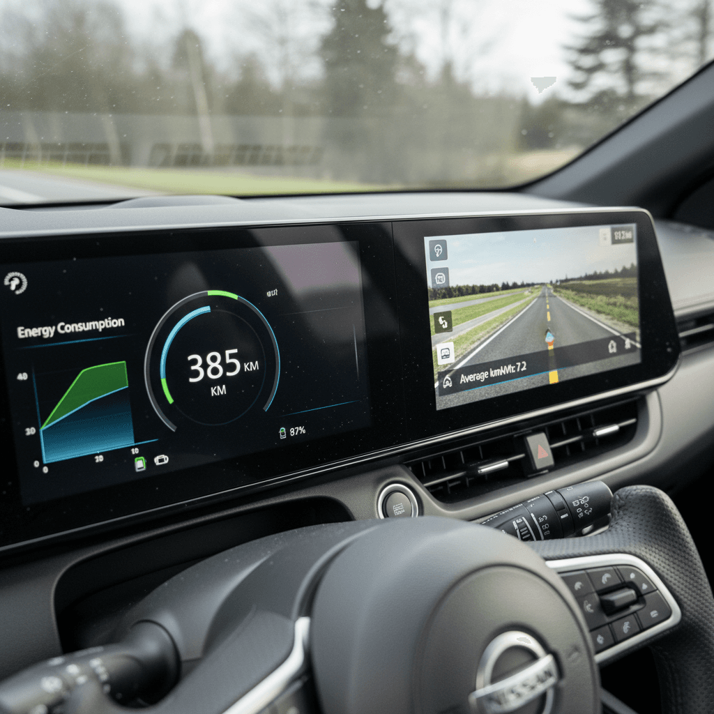 Nissan Ariya digital cluster and central screen showing remaining range estimate, battery state of charge, and recent energy consumption while cruising on the highway