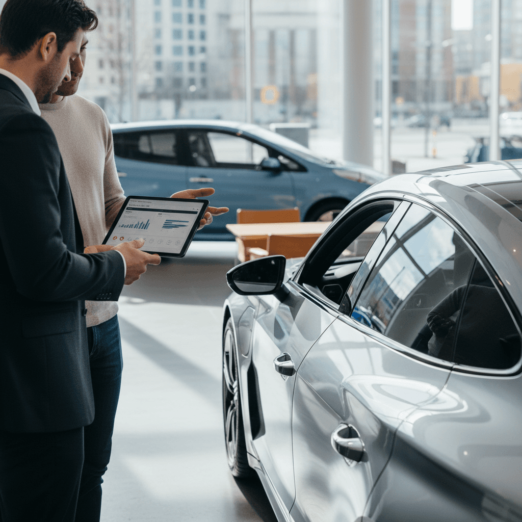 Salesperson reviewing a trade-in appraisal for an Audi e-tron GT with a customer in a bright modern EV showroom