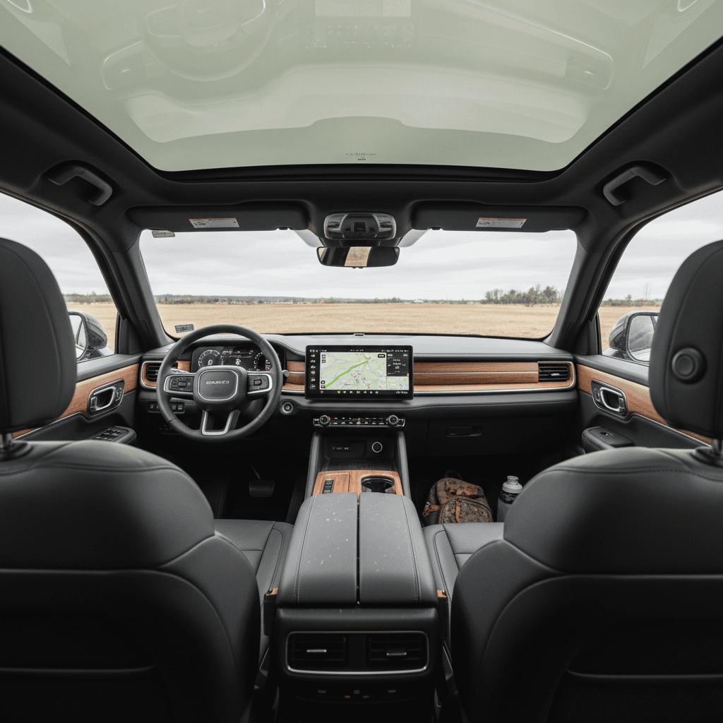 Cabin of a 2023 Rivian R1S with three rows of seats, large touchscreen and glass roof